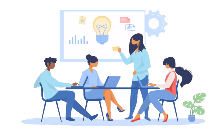 Illustration of a creative team sharing ideas and working together