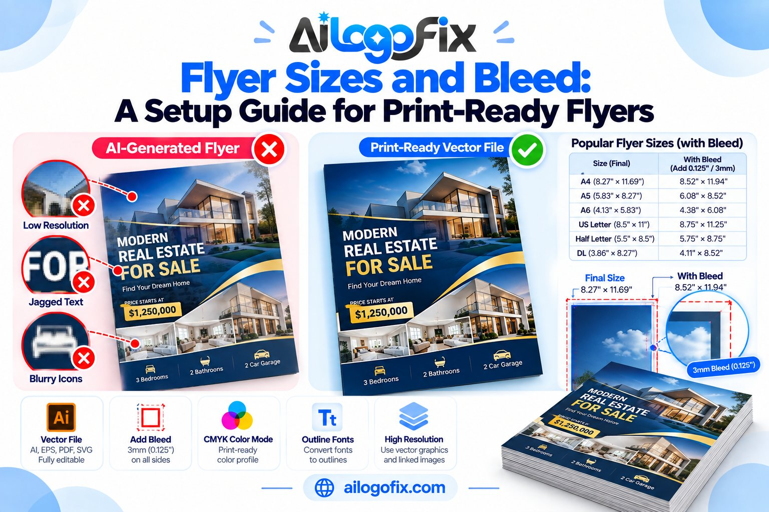 Flyer sizes and bleed setup diagram showing trim, bleed and safe zones