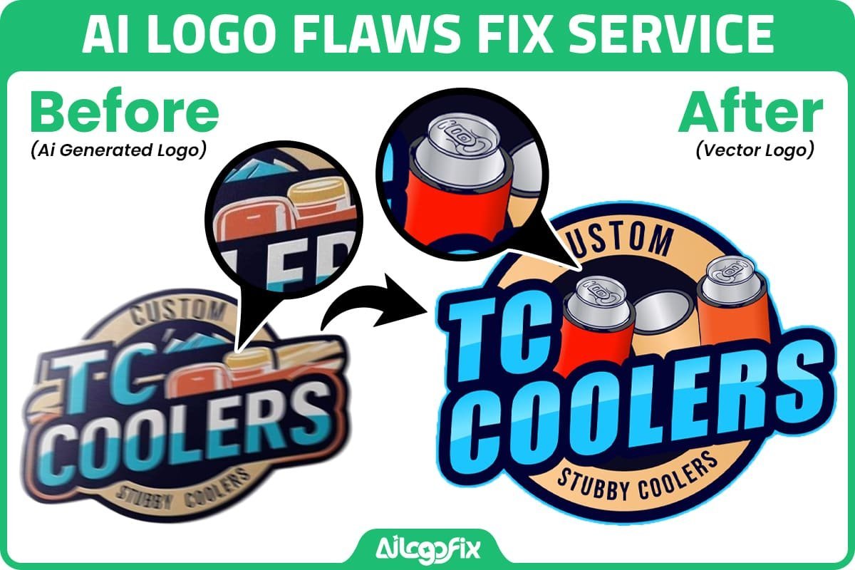 Before and after example of AI-generated logo flaws in a TC Coolers logo, fixed and rebuilt as a clean vector logo by AiLogoFix