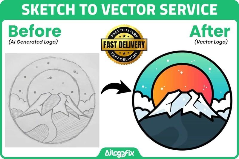 Sketch to vector before and after hand-drawn mountain logo conversion by AiLogoFix